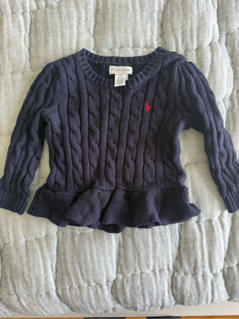 Ralph Lauren Navy Cable-Knit Peplum Sweater with Red Pony
